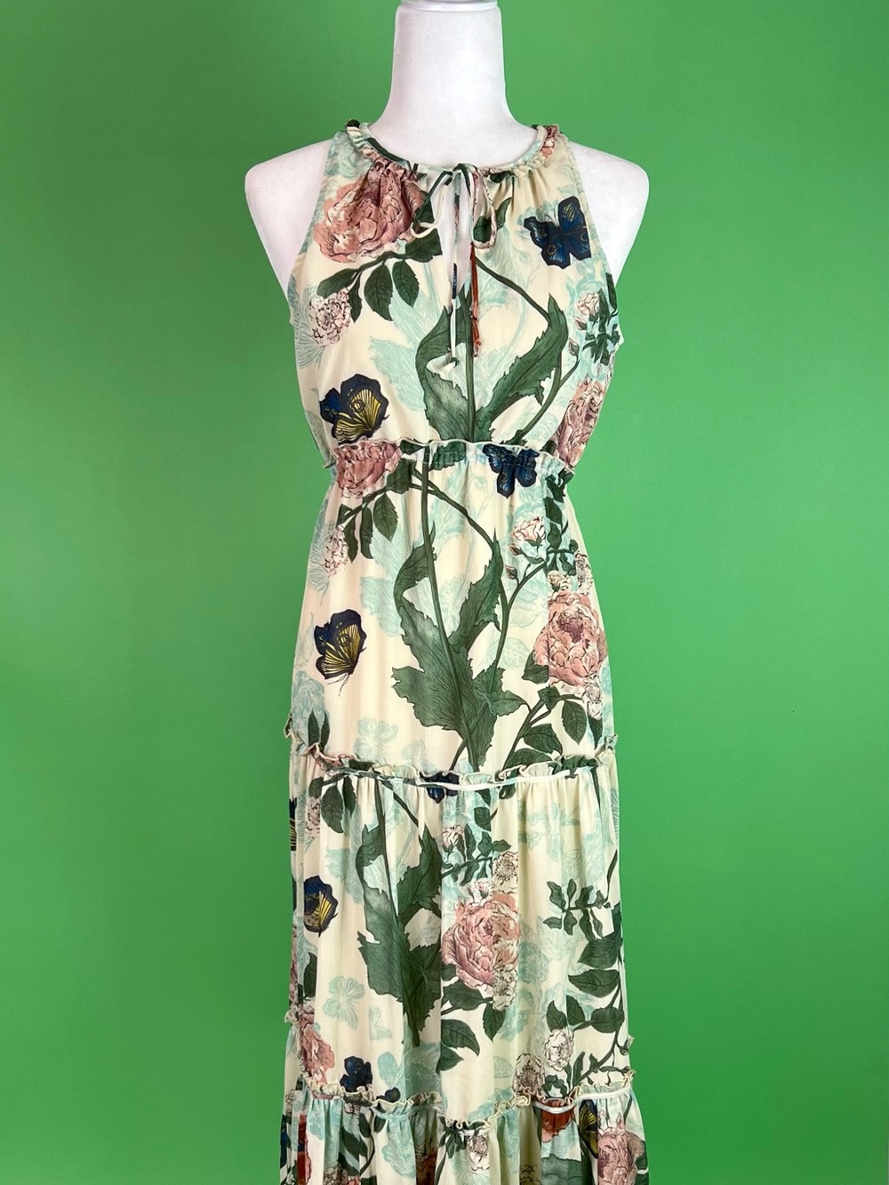 NWT Anthropologie Maeve Maravilla Dress, Spring Floral Butterfly Maxi Size 2
